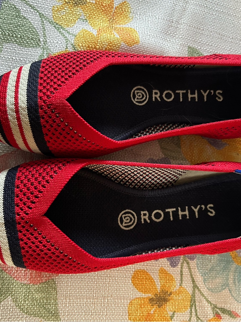 Rothy's Red Knit Flats with Navy and Cream Stripes